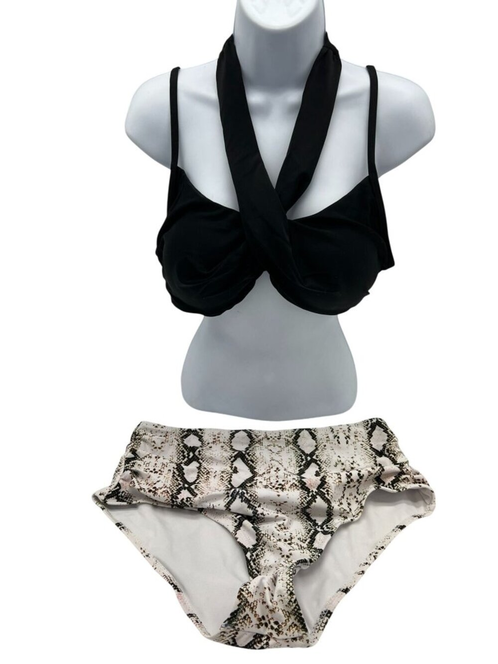 Womens Two-Piece Swimsuit Bikini Set Size XL Black Snakeskin Retro Swimwear